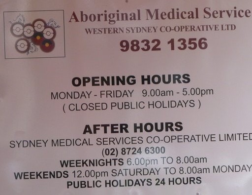 Sign for Aboriginal Medical Service, Western Sydney